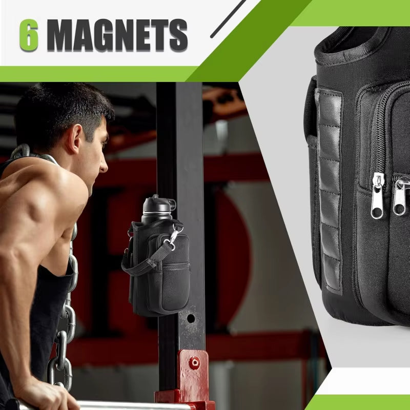 Magnetic Water Bottle Carrier with Phone Pocket and Shoulder Strap, Featuring 6 Built-In Magnets
