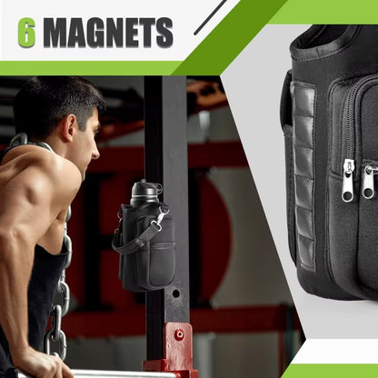 Magnetic Water Bottle Carrier with Phone Pocket and Shoulder Strap, Featuring 6 Built-In Magnets