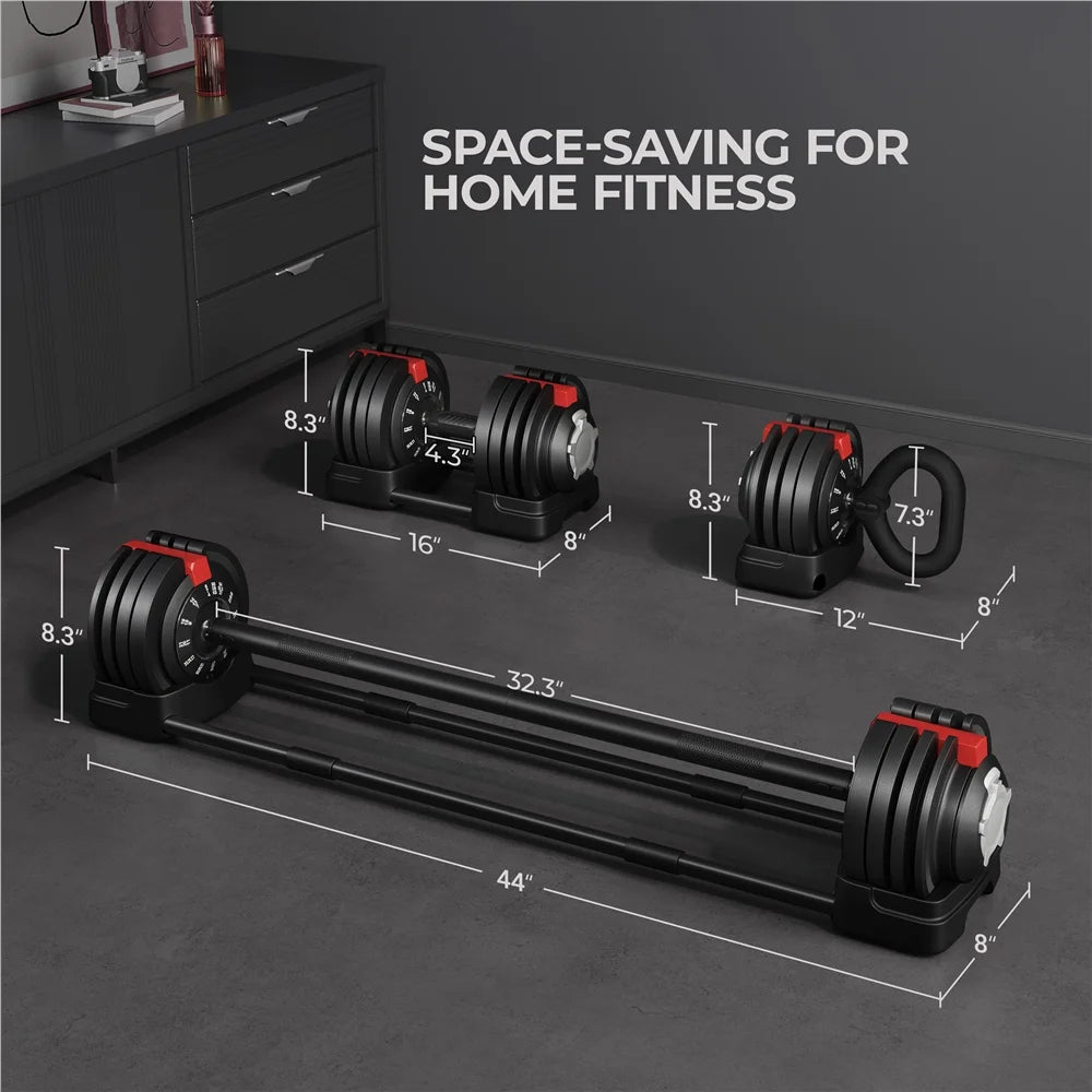 Adjustable 3-in-1 Nylon Dumbbell Weight Set with Anti-Slip Design, 7-52.5 lbs, Black and Red