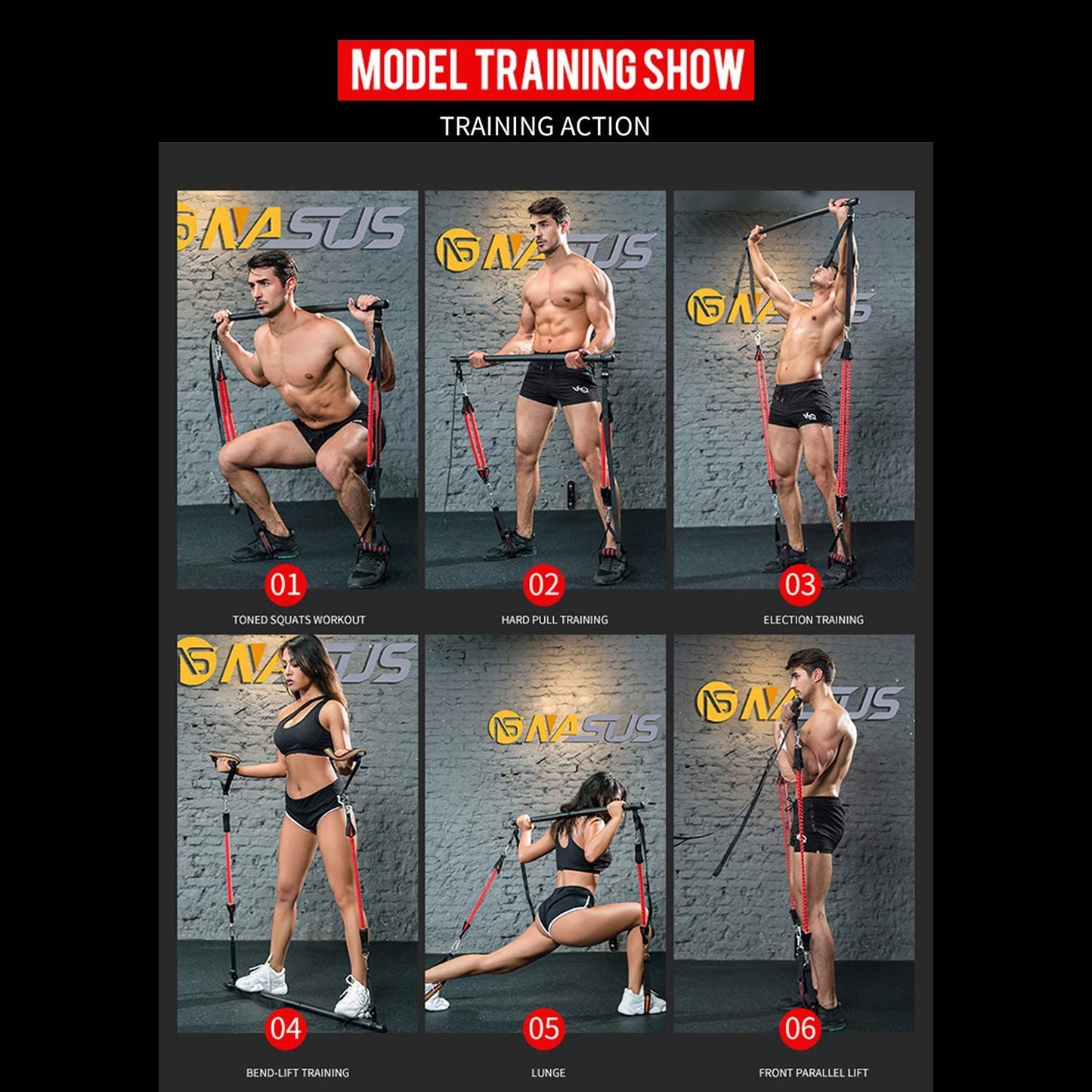 Portable Pilates Bar with Resistance Bands - Home Squat Bar Gym Workout Equipment for Men and Women (Red - 4 Resistance Bands)