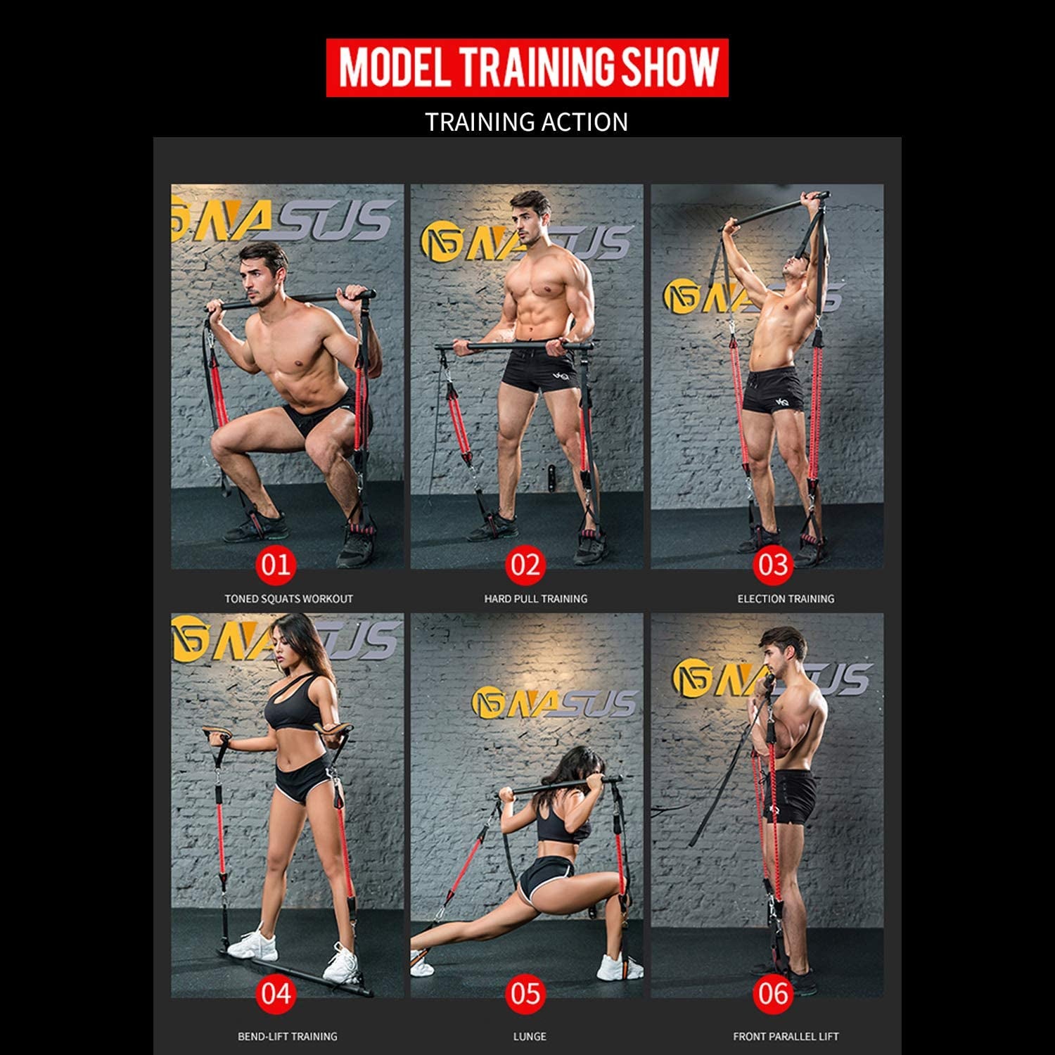 Portable Pilates Bar with Resistance Bands - Home Squat Bar Gym Workout Equipment for Men and Women (Red - 4 Resistance Bands)