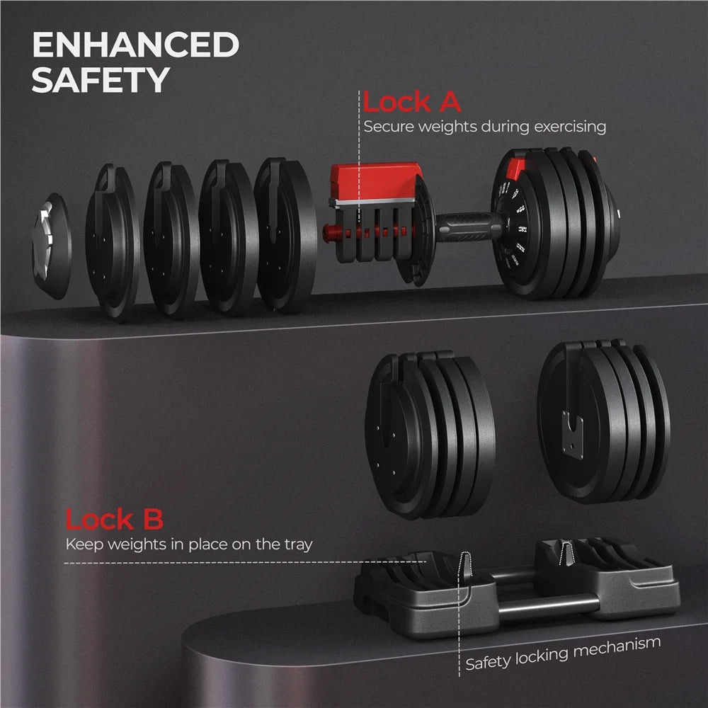 Adjustable 3-in-1 Nylon Dumbbell Weight Set with Anti-Slip Design, 7-52.5 lbs, Black and Red