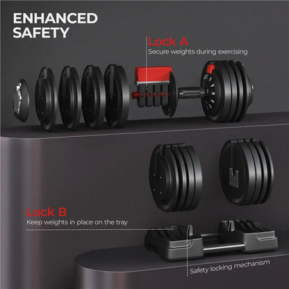 Adjustable 3-in-1 Nylon Dumbbell Weight Set with Anti-Slip Design, 7-52.5 lbs, Black and Red