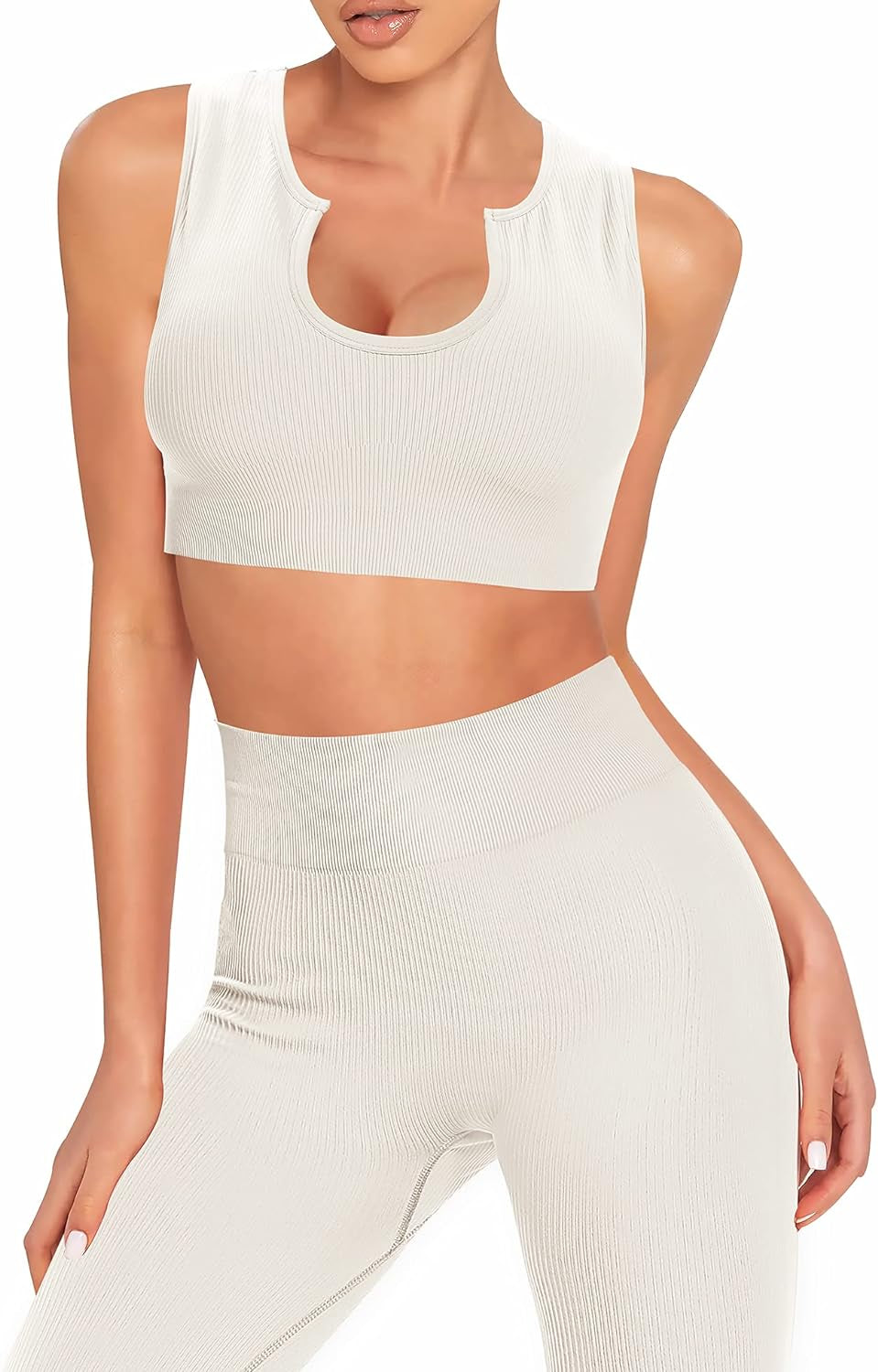 Women's Seamless Ribbed Workout Set - 2 Piece Sports Bra and Legging Shorts Yoga Outfit (Beige, Small)