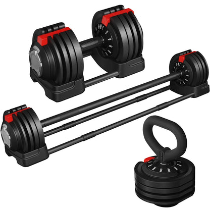 Adjustable 3-in-1 Nylon Dumbbell Weight Set with Anti-Slip Design, 7-52.5 lbs, Black and Red