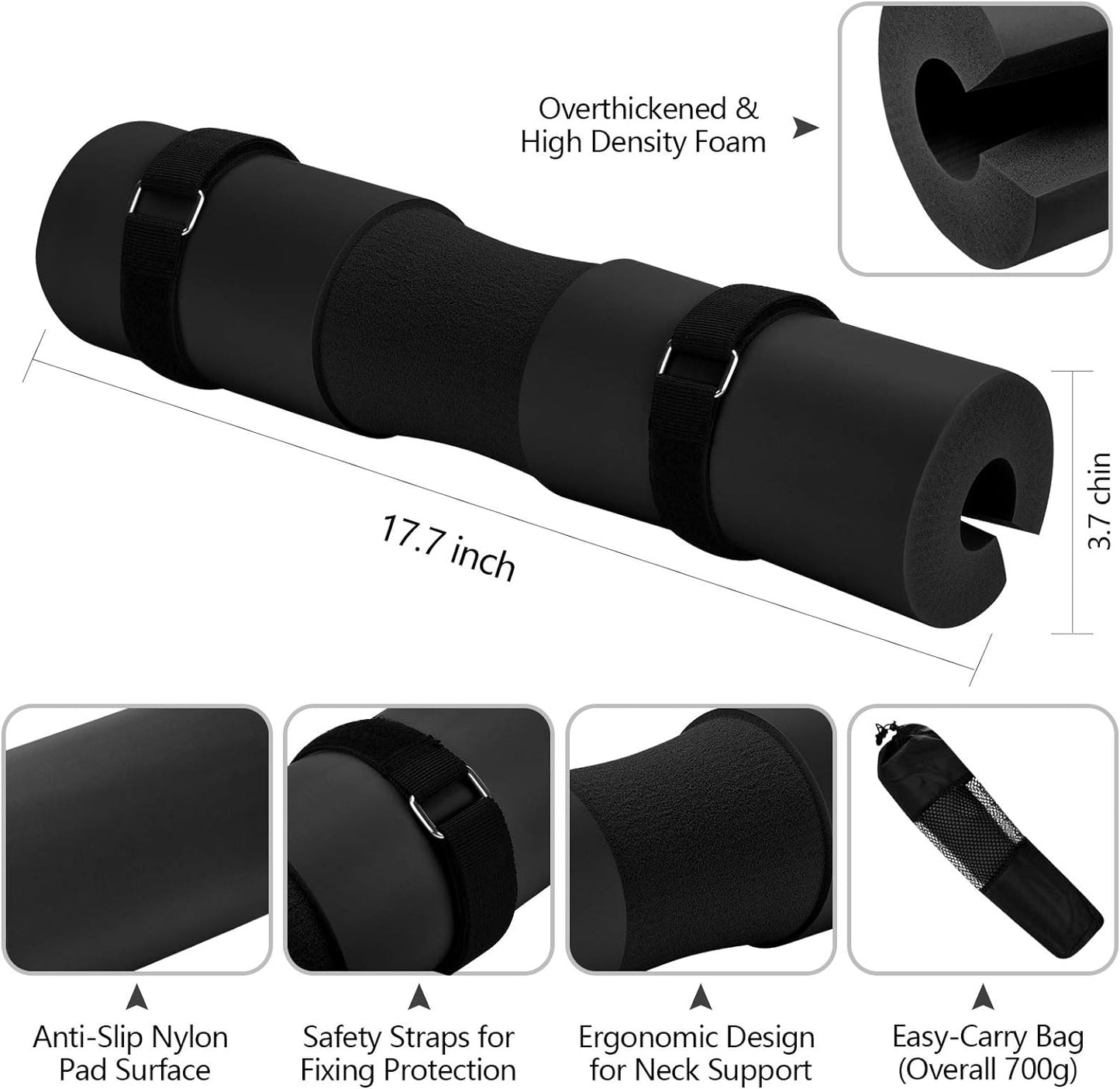 Barbell Pad for Squats and Hip Thrusts, Removable Cushion for Weight Bar Support and Protection