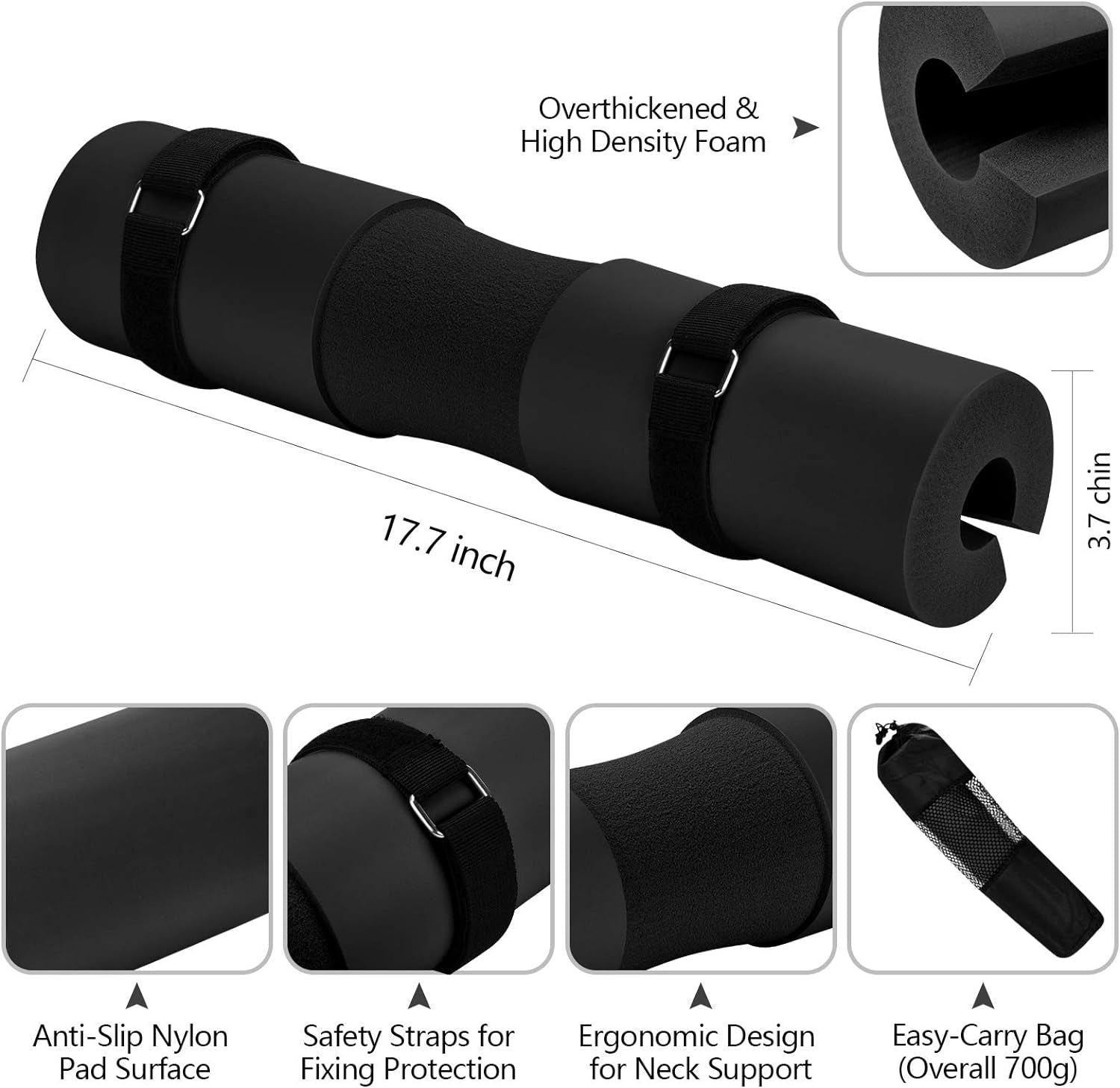 Barbell Pad for Squats and Hip Thrusts, Removable Cushion for Weight Bar Support and Protection