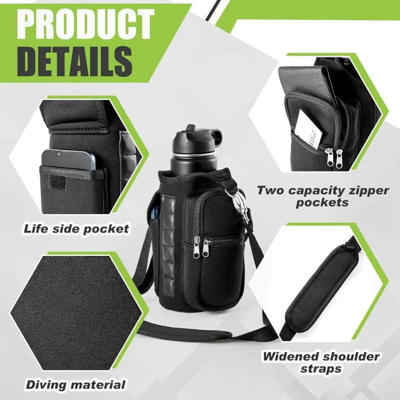 Magnetic Water Bottle Carrier with Phone Pocket and Shoulder Strap, Featuring 6 Built-In Magnets