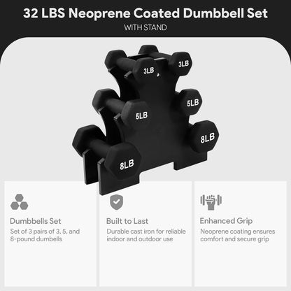 BalanceFrom 32-Pound Neoprene Coated Cast Iron Dumbbell Set with Stand - Includes 3 Pairs of Weights (3, 5, and 8 Pounds) in Black